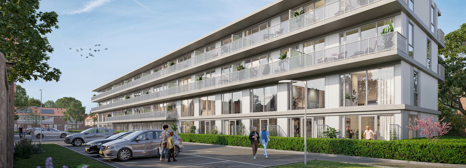 Artist impression Albert een gebouw met balkons en mensen die ervoor lopen
