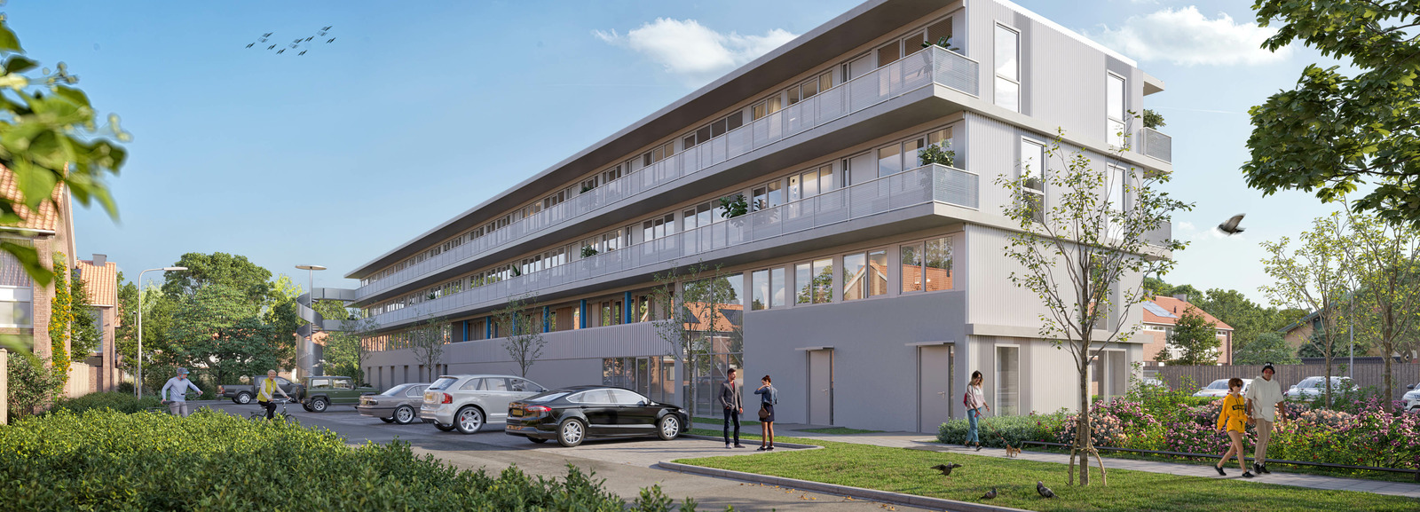 Artist impression Albert een gebouw met auto's die buiten geparkeerd staan