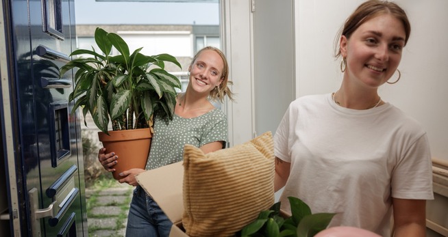 Twee jonge dames met verhuisdozen en een plant