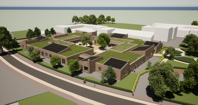 Schetsontwerp Het Zonnelied een gebouw met gras en bomen