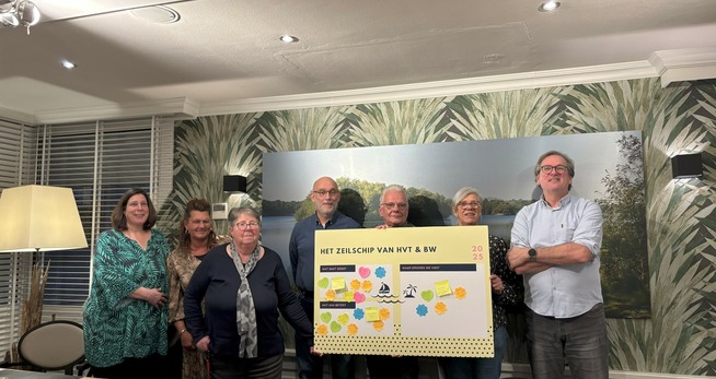 Een groep mensen die zich in een kamer bevinden met een groot bord