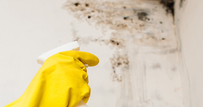 Handschoen met schoonmaakmiddel en schimmelplekken