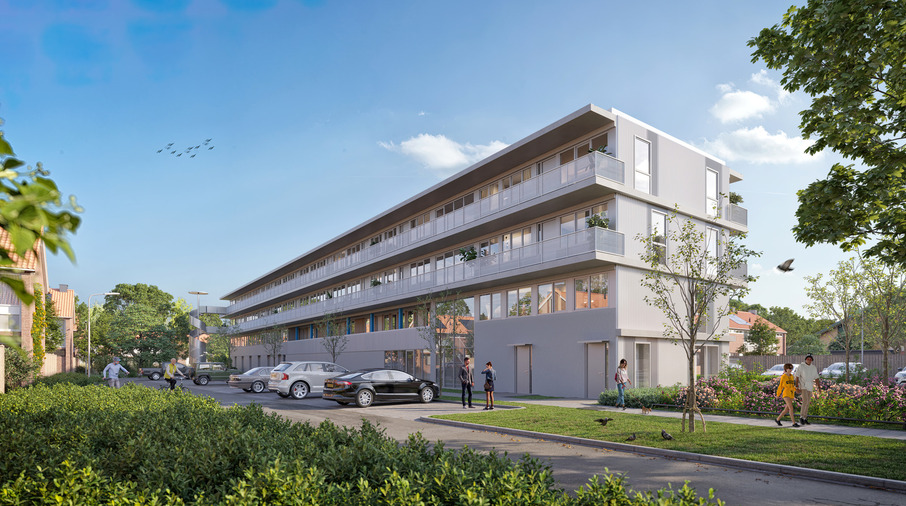 Artist impression Albert een gebouw met auto's ervoor geparkeerd
