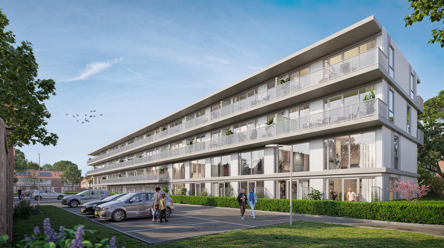 Artist impression Albert een gebouw met auto's die buiten geparkeerd staan